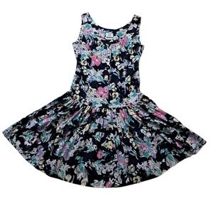 VTG Laura Ashley Dress Women's 10* Floral‎ Black Drop Waist Flare Great Britain